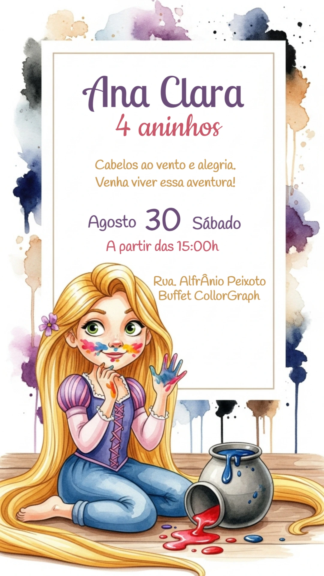 Convite de Aniversário Rapunzel Artístico para Editar Online