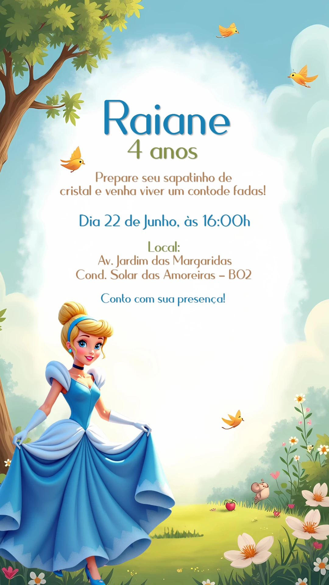 Convite Aniversário Cinderela Princesa para Editar Online