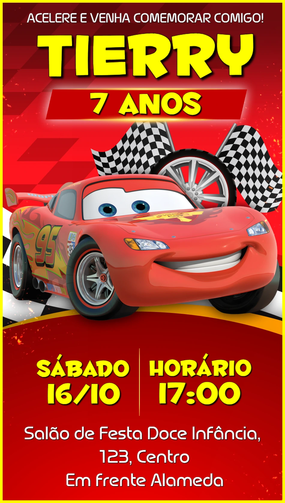 Convite Aniversário Carros McQueen para Editar Online