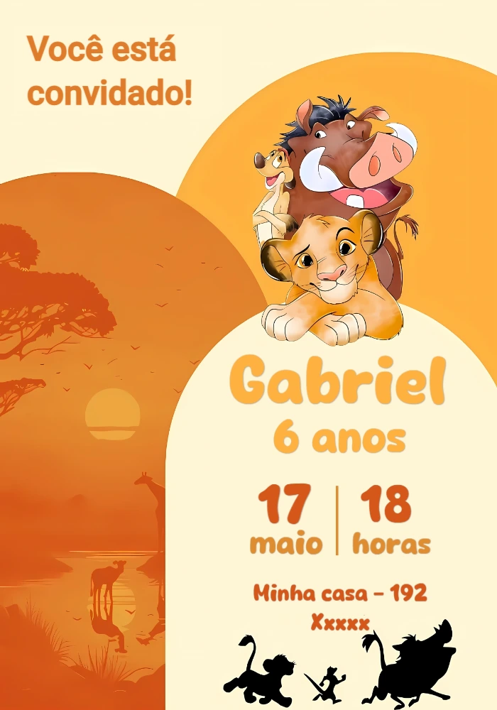 Convite de Aniversário Rei Leão com Simba para Editar Online