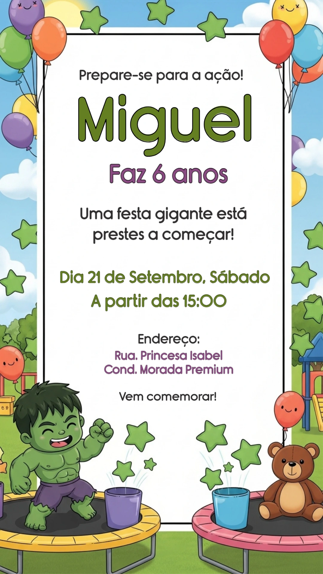 Convite Aniversário Incrível Hulk Fofo para Editar Online