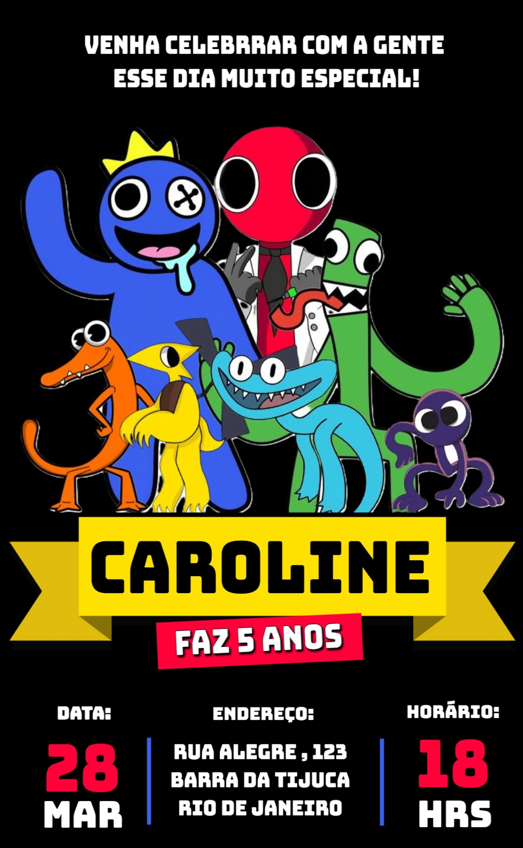 Convite de Aniversário Rainbow Friends Colorido para Editar