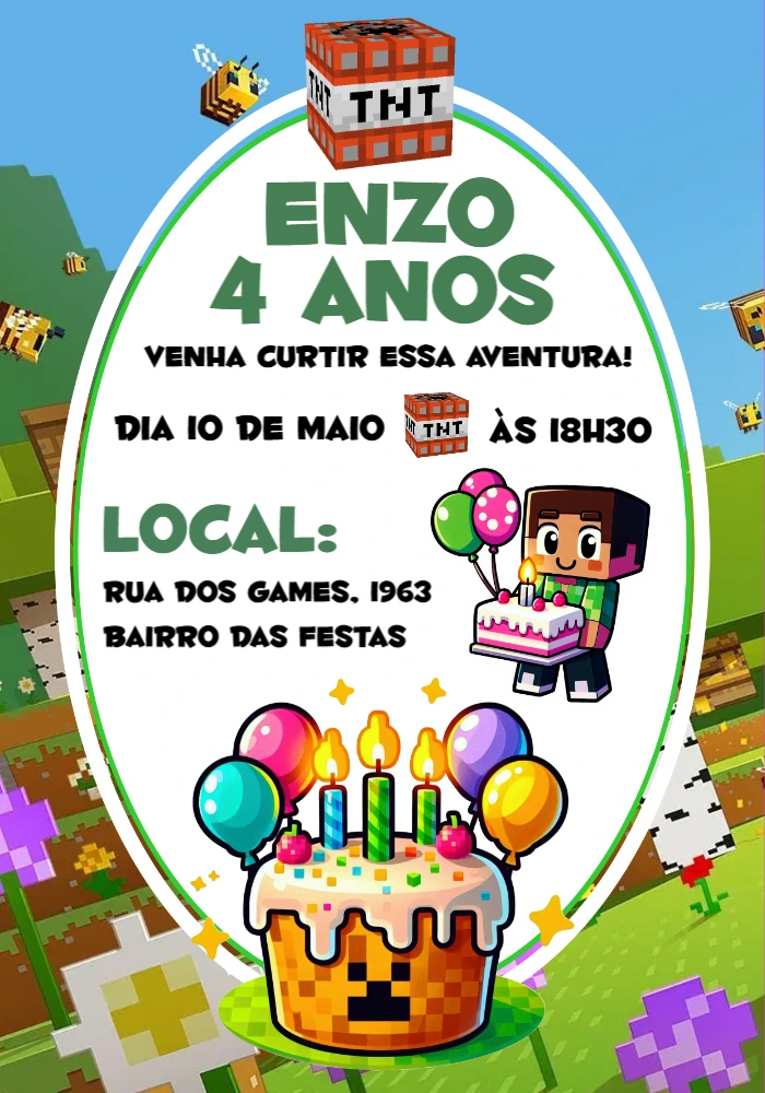 Convite de Aniversário Minecraft com Blocos para Editar Online