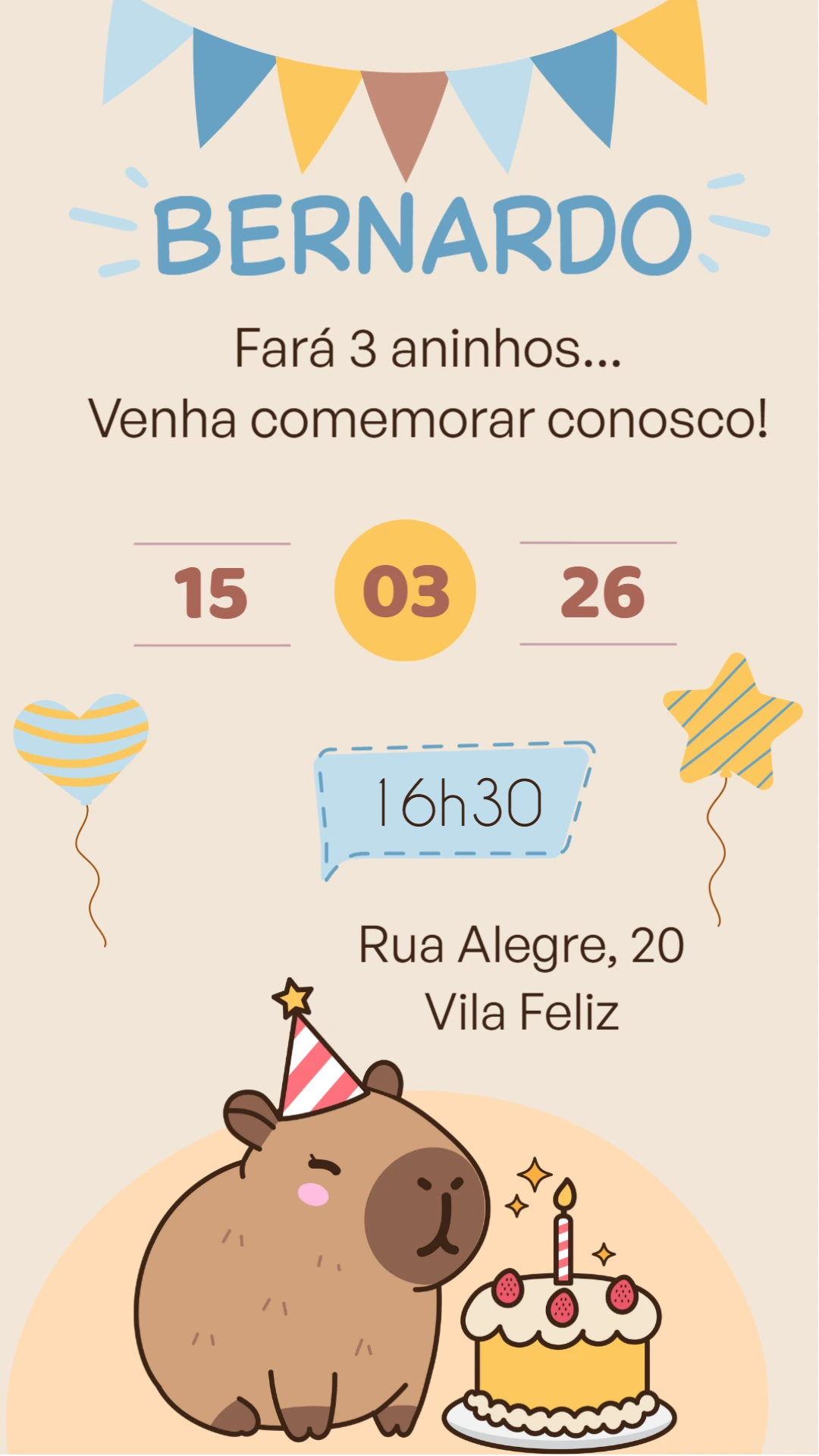 Convite Digital Aniversário Infantil Tema Capivara para Editar