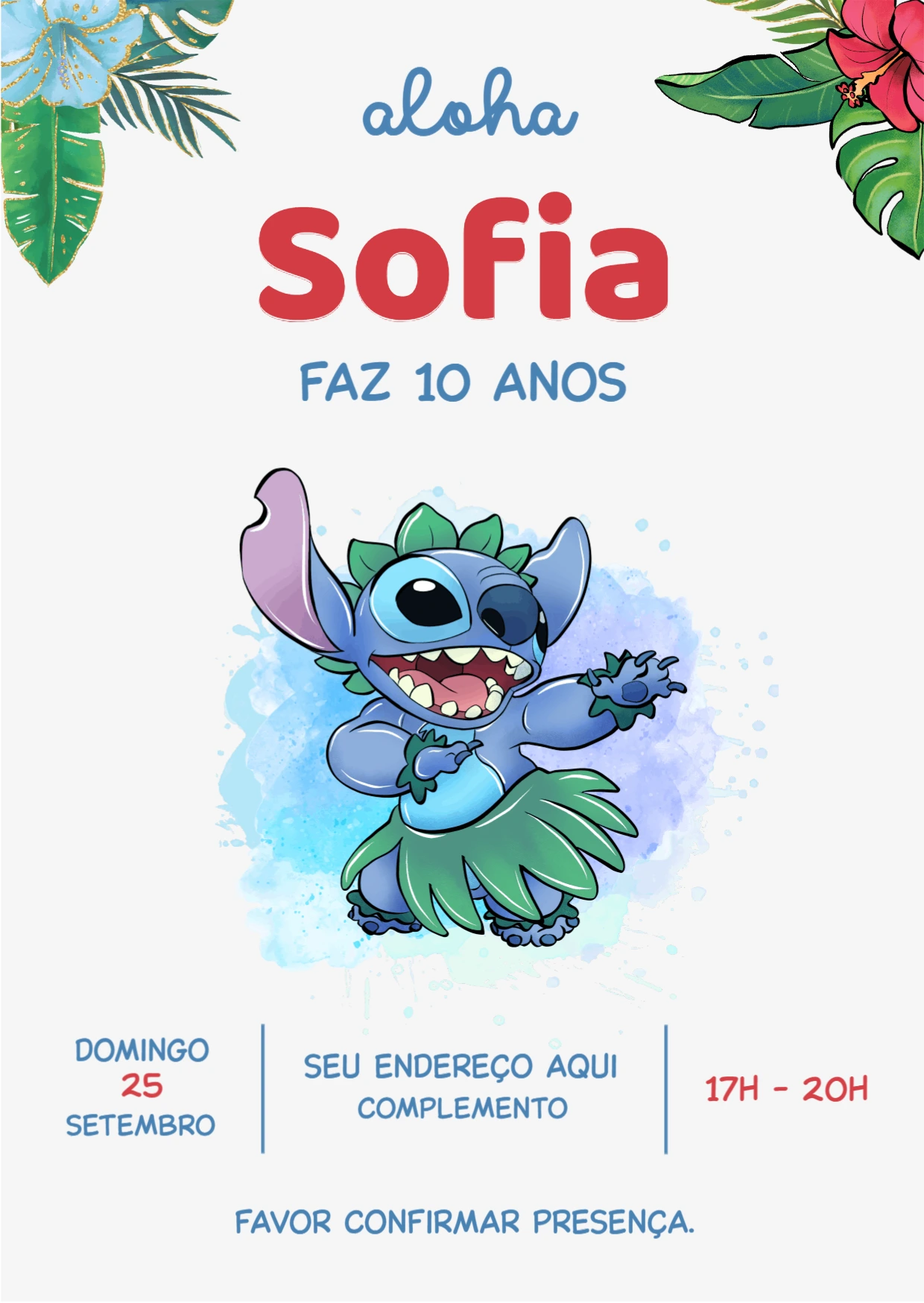 Convite de Aniversário Stitch Tropical para Editar Online