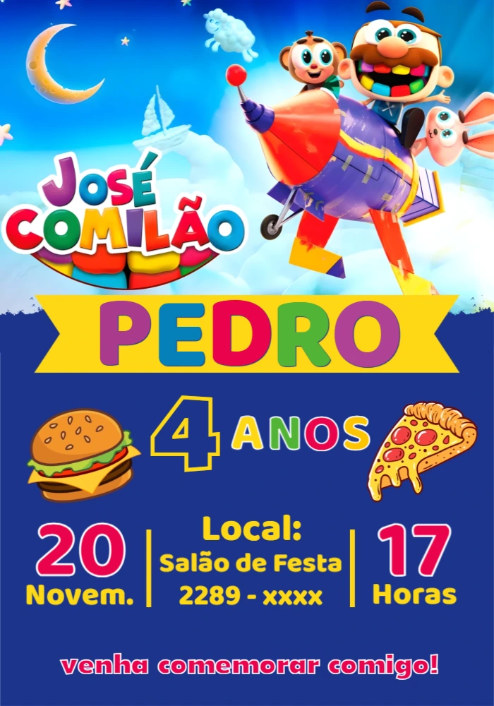 Convite Aniversário José Comilão para Editar Online