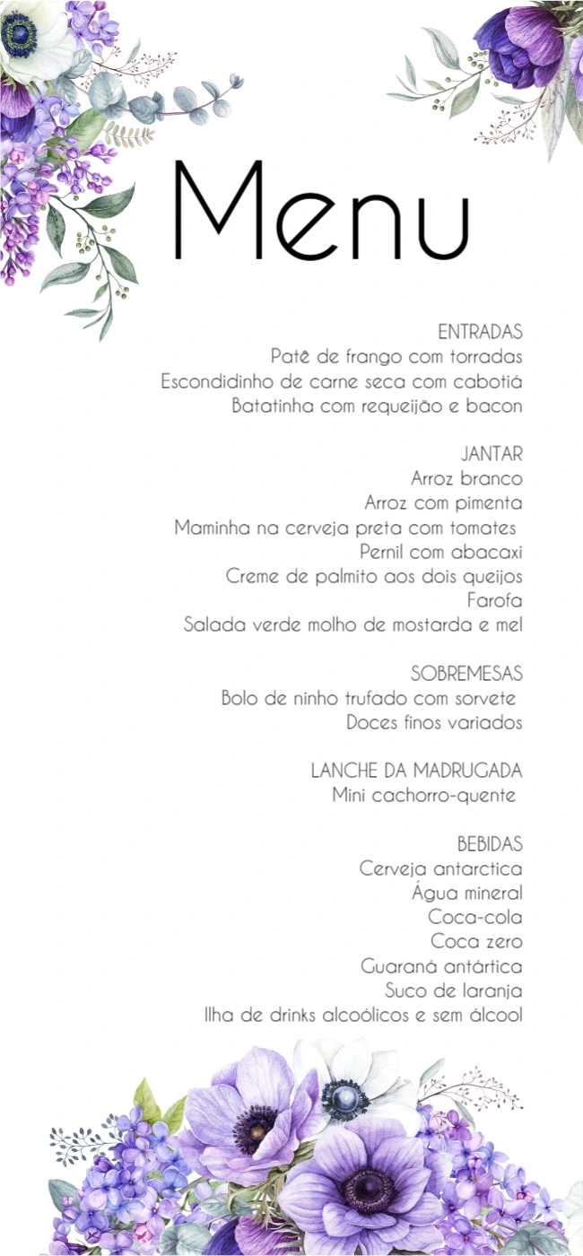 Menu de Casamento Floral Roxo para Editar Online