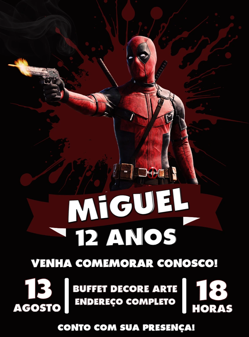 Convite de Aniversário Deadpool para Editar e Imprimir