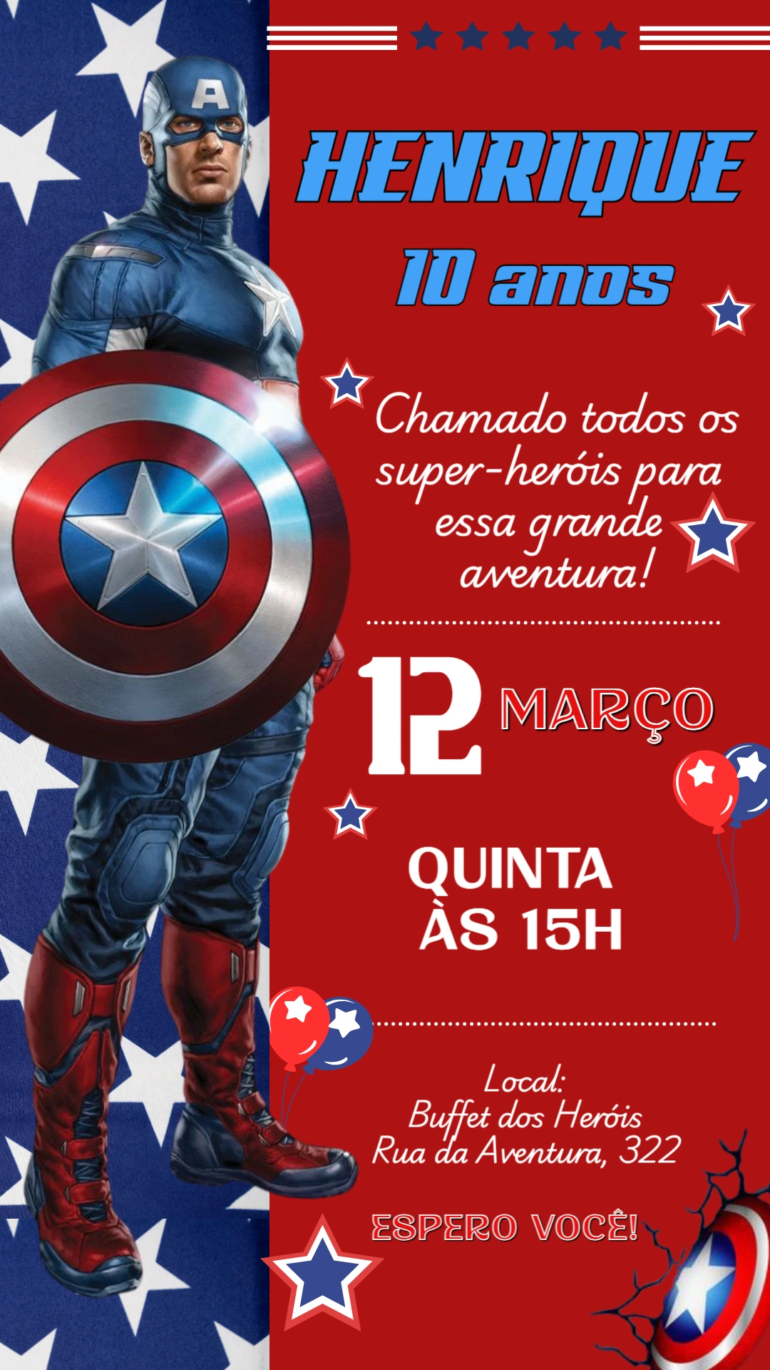 Convite Aniversário Capitão América para Editar Online