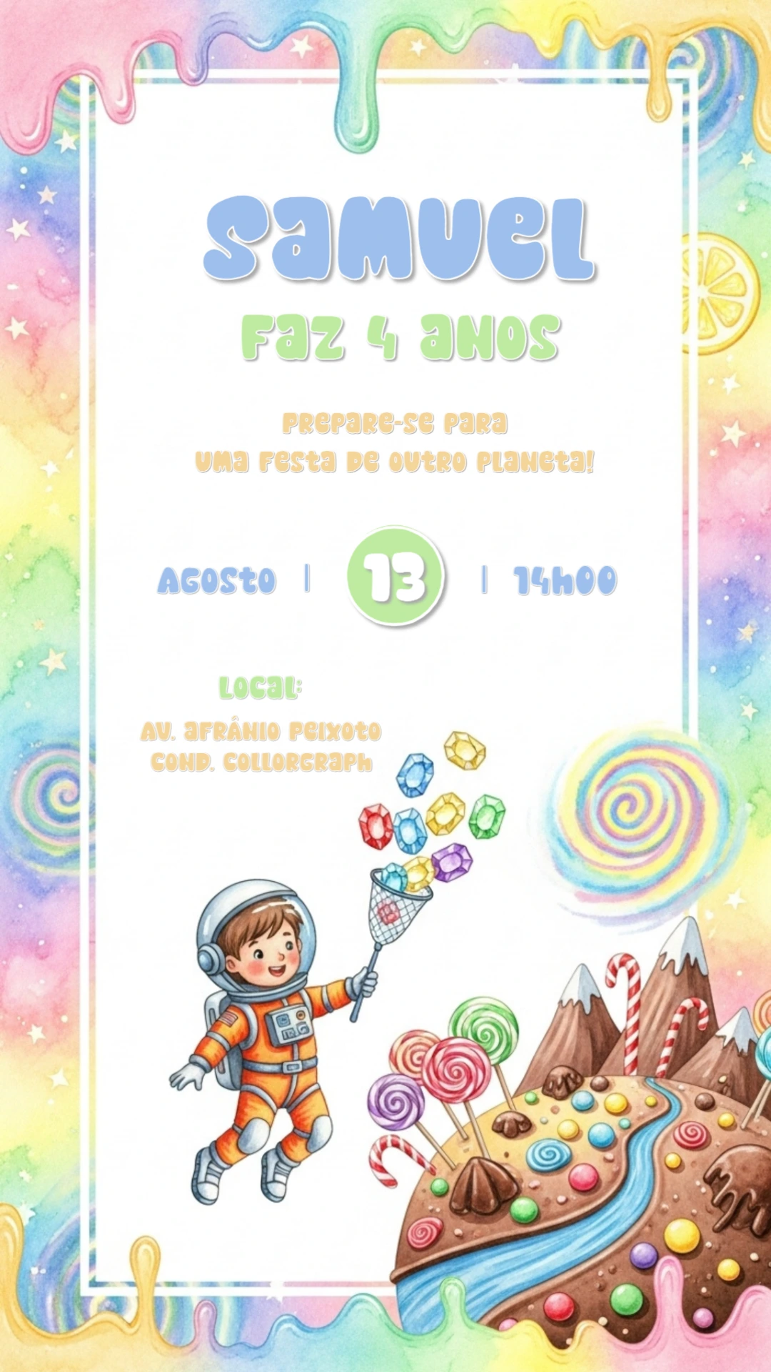 Convite Aniversário Astronauta no Planeta Doce para Editar