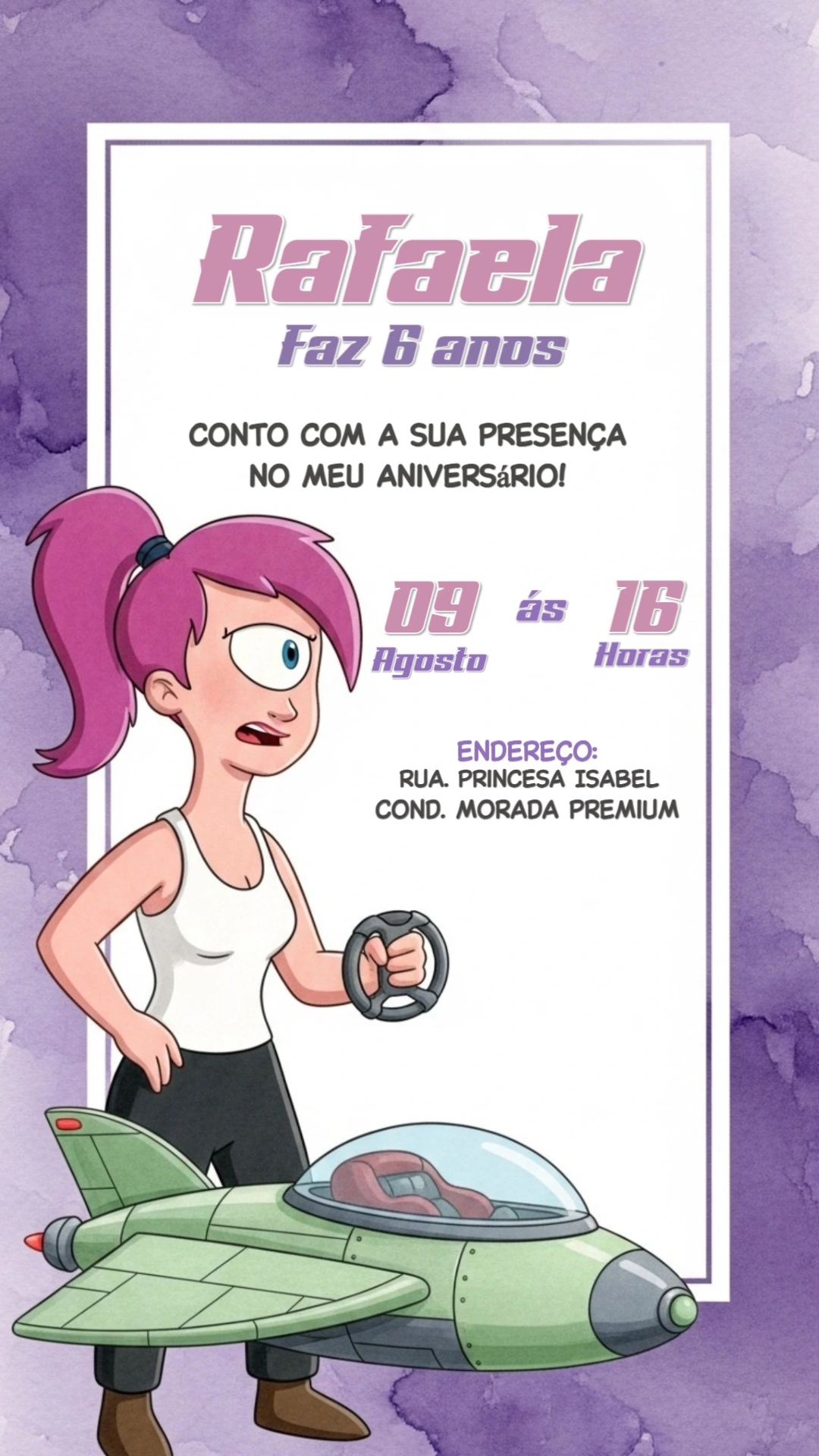 Convite de Aniversário Futurama com Leela para Editar Online
