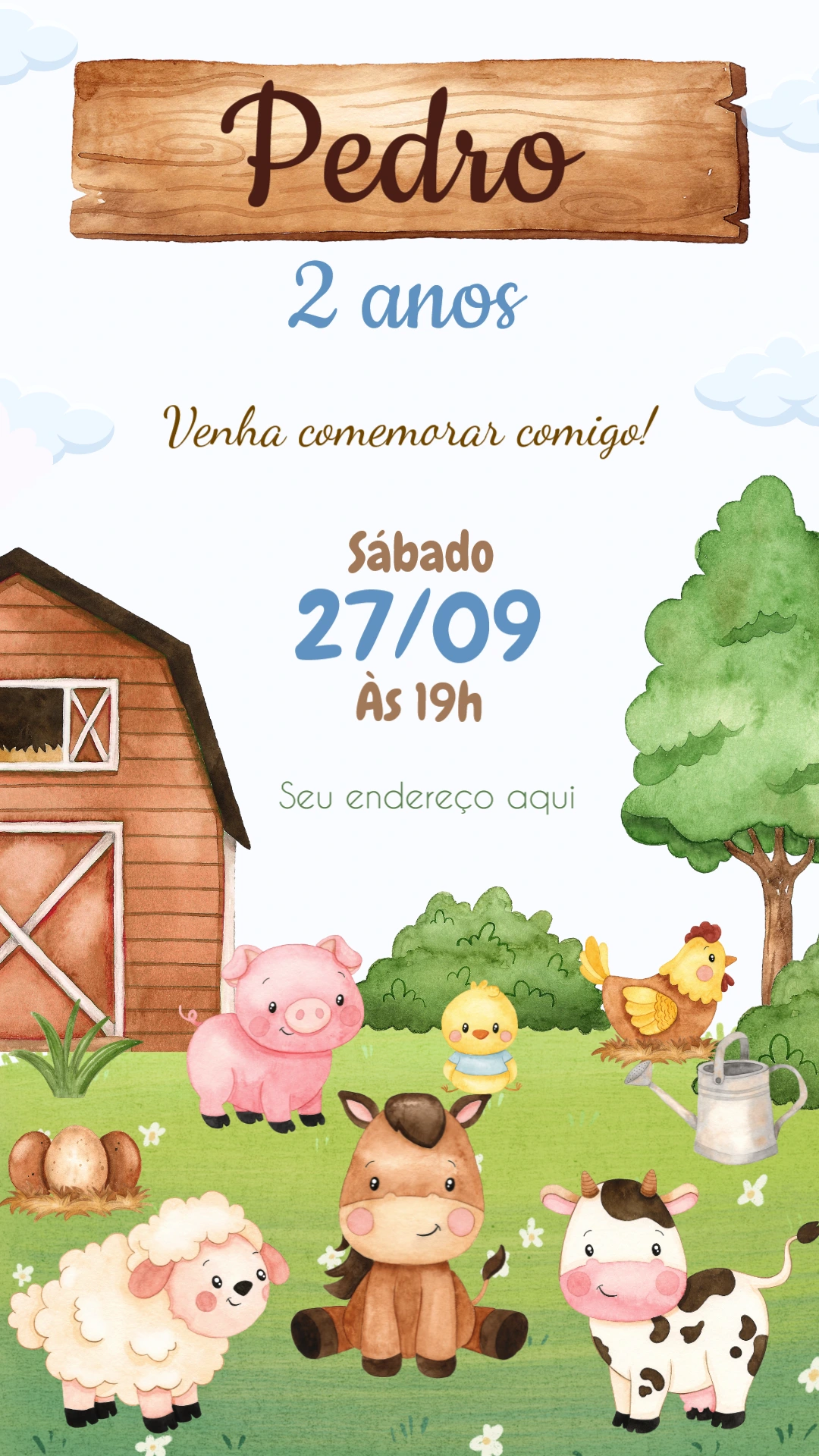 Convite Aniversário Fazendinha com Animais para Editar Online