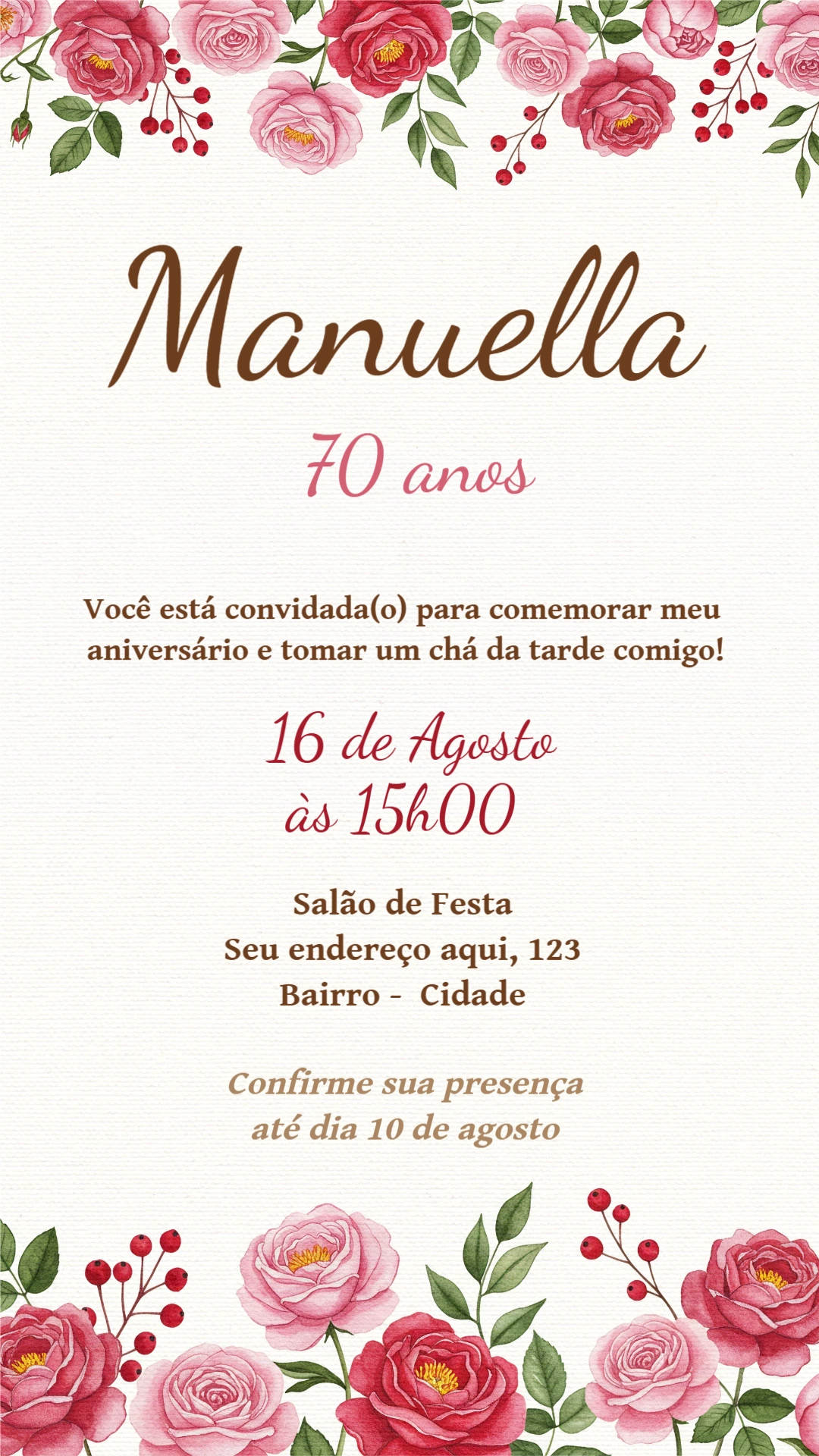 Convite de Aniversário Adulto Floral com Rosas Editável