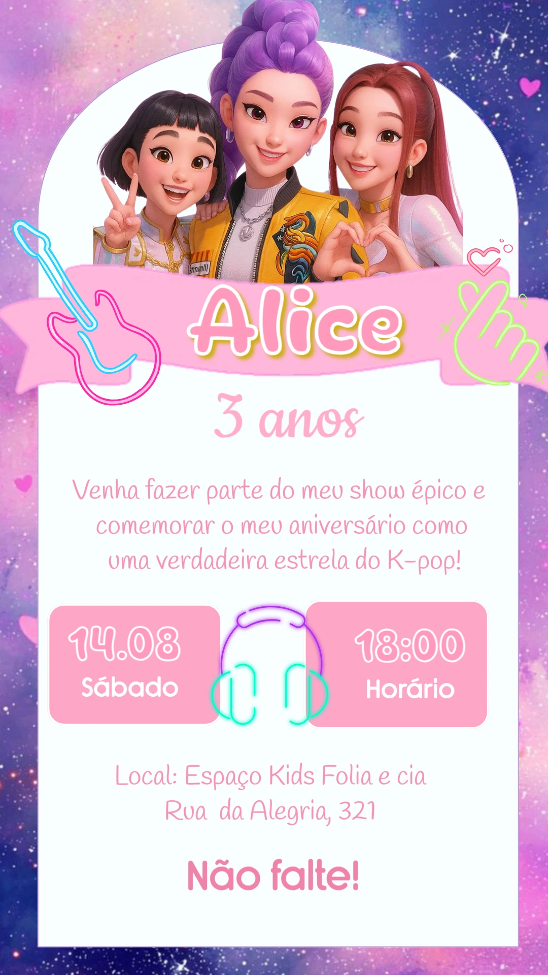 Convite Aniversário K-Pop com Personagens para Editar Online