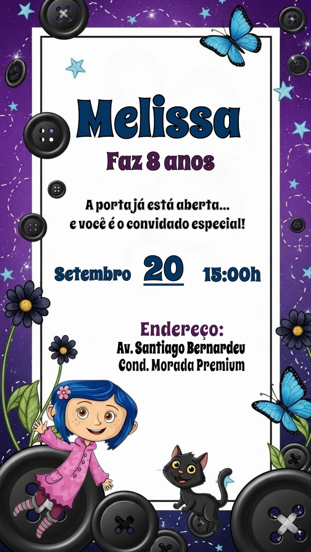 Convite Aniversário Coraline com Personagens para Editar Online