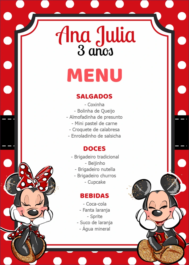 Cardápio de Aniversário Minnie Mouse Vermelha para Editar