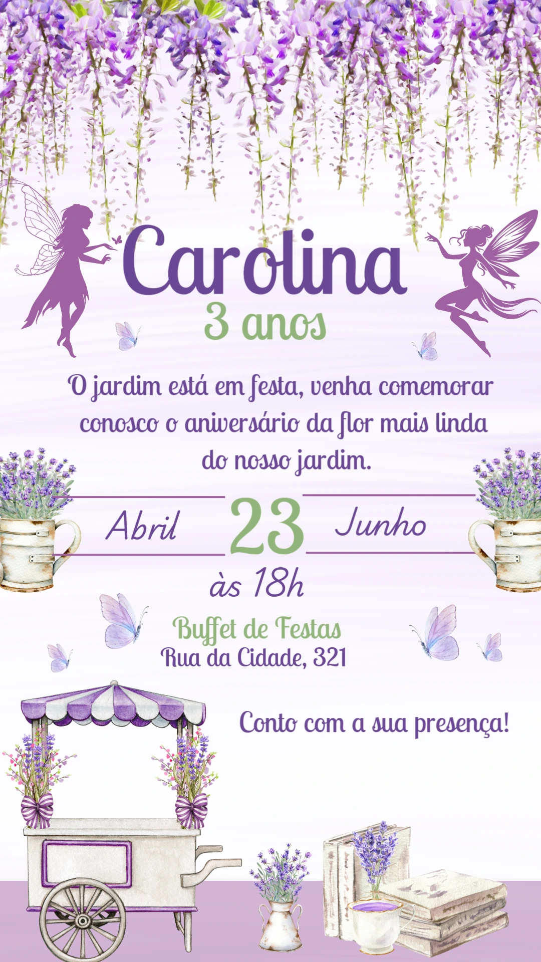 Convite Aniversário Jardim das Fadas para Editar Online