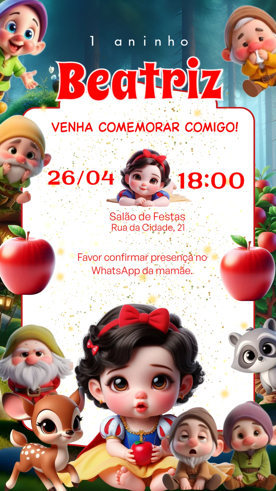 Convite Aniversário Branca de Neve Cute para Editar Online
