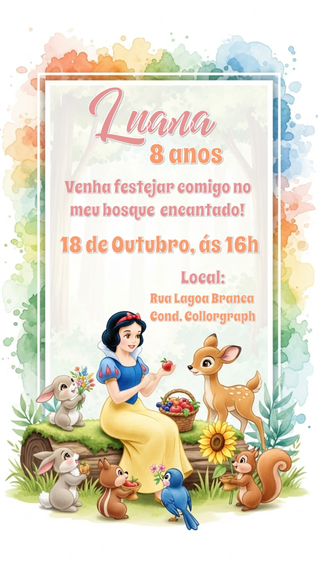 Convite de Aniversário Branca de Neve no Bosque para Editar
