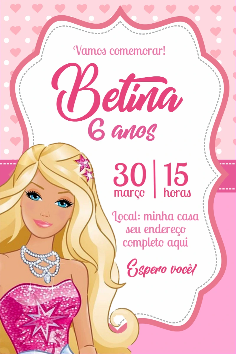 Convite de Aniversário Barbie Rosa para Editar Online