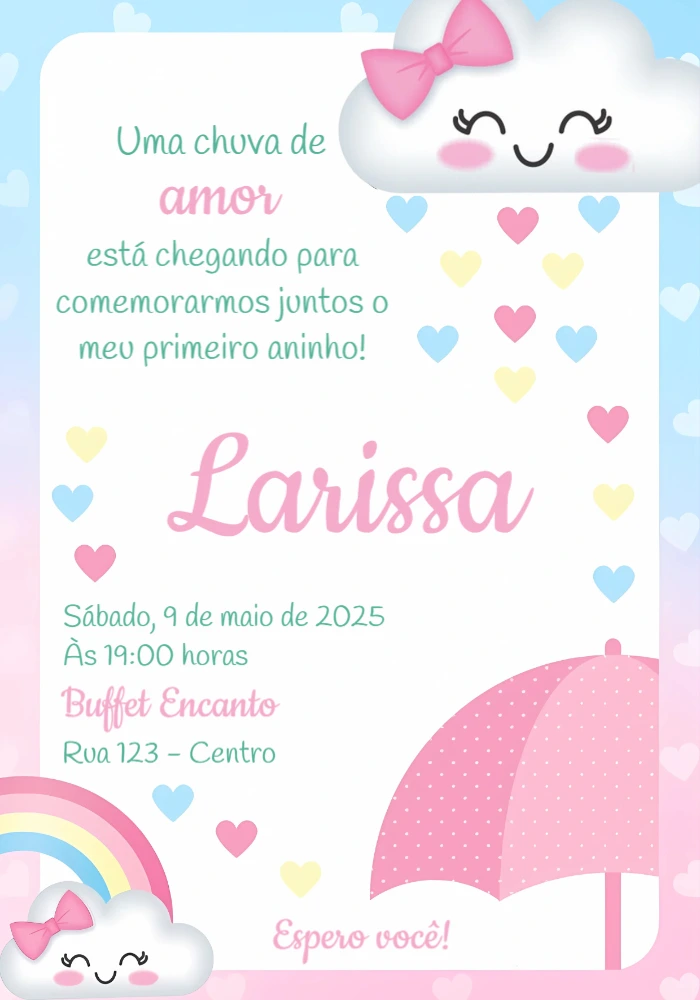 Convite de Aniversário Chuva de Amor Editável Online
