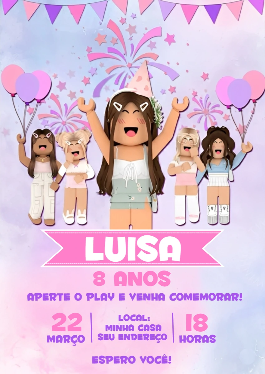 Convite de Aniversário Roblox Menina Rosa e Lilás Editável