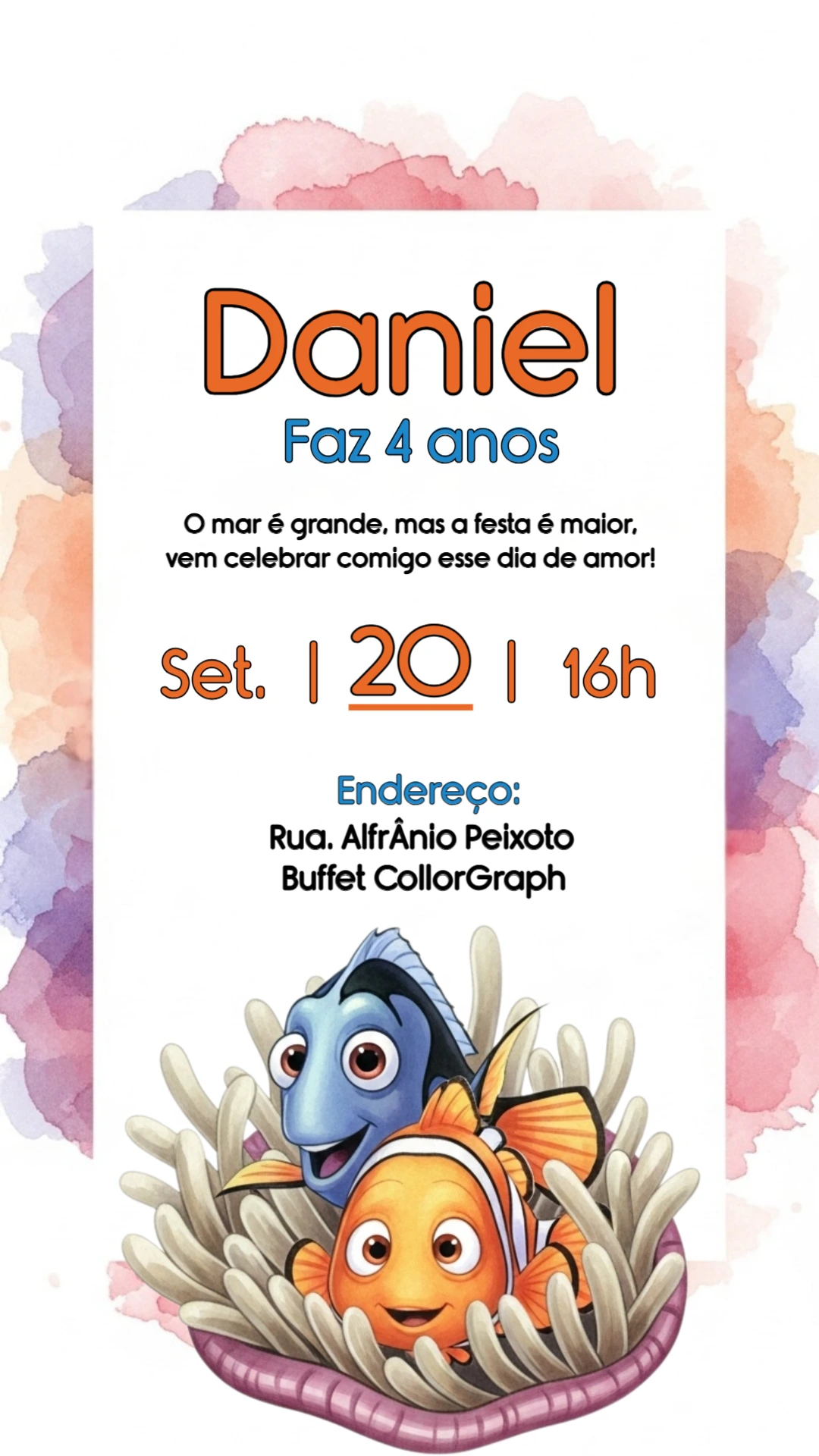 Convite Aniversário Procurando Nemo para Editar Online