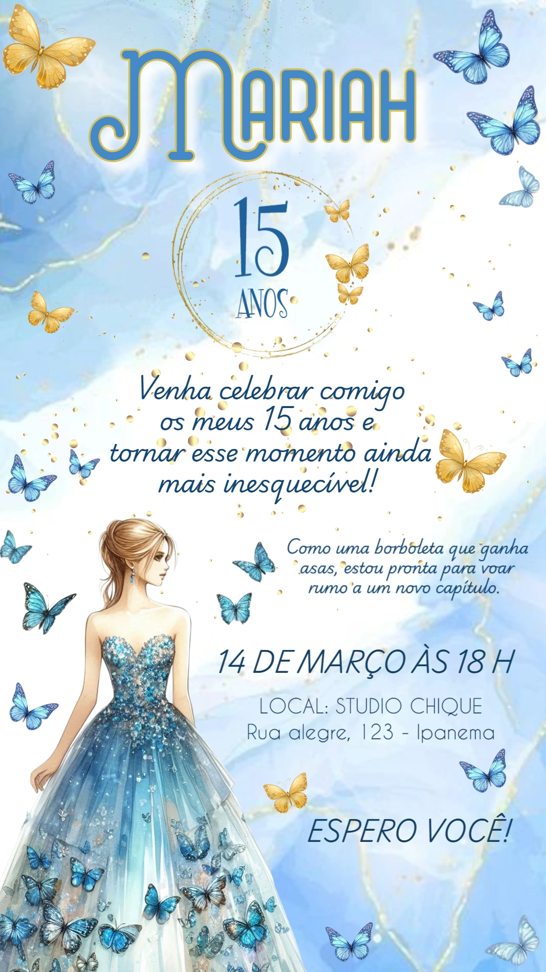 Convite 15 Anos Borboletas Azul e Dourado para Editar Online