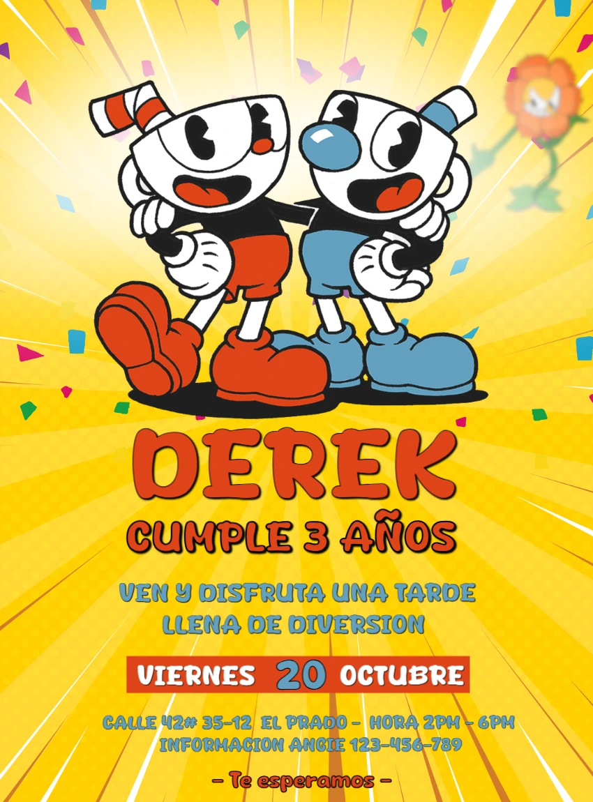 Invitación de Cumpleaños de Cuphead y Mugman para Editar