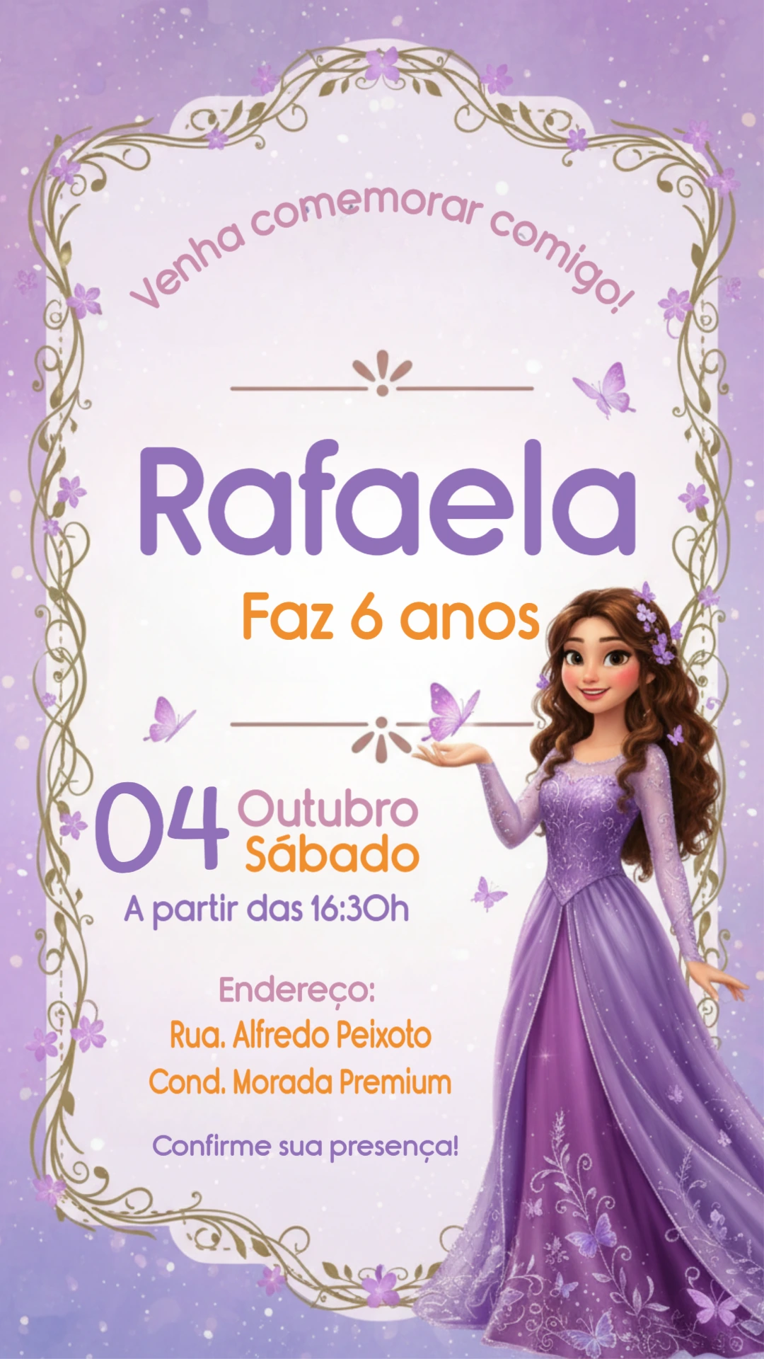 Convite de Aniversário Princesa Lilás e Borboletas Editável