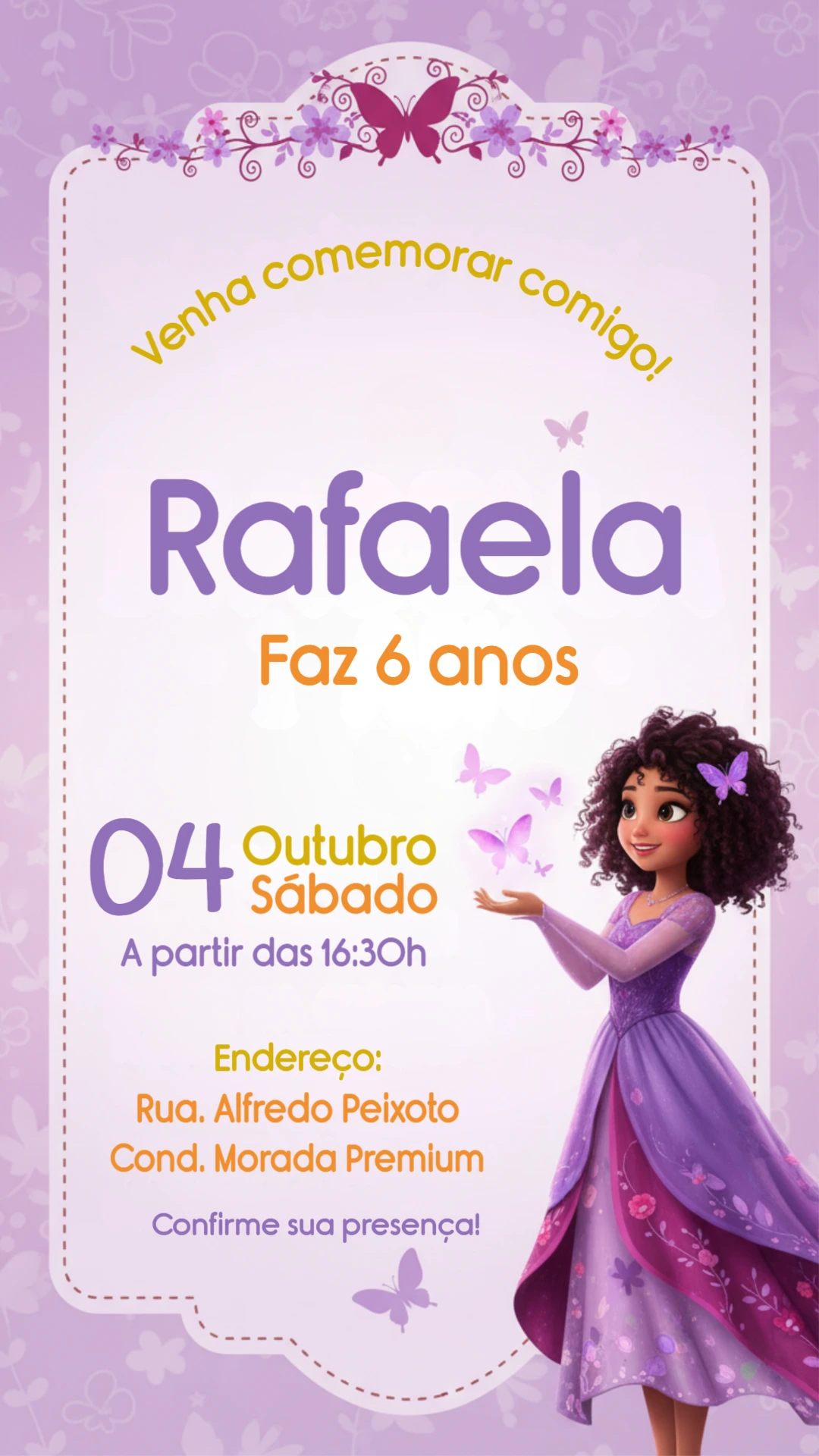 Convite Digital Aniversário Infantil Princesa Lilás Editável
