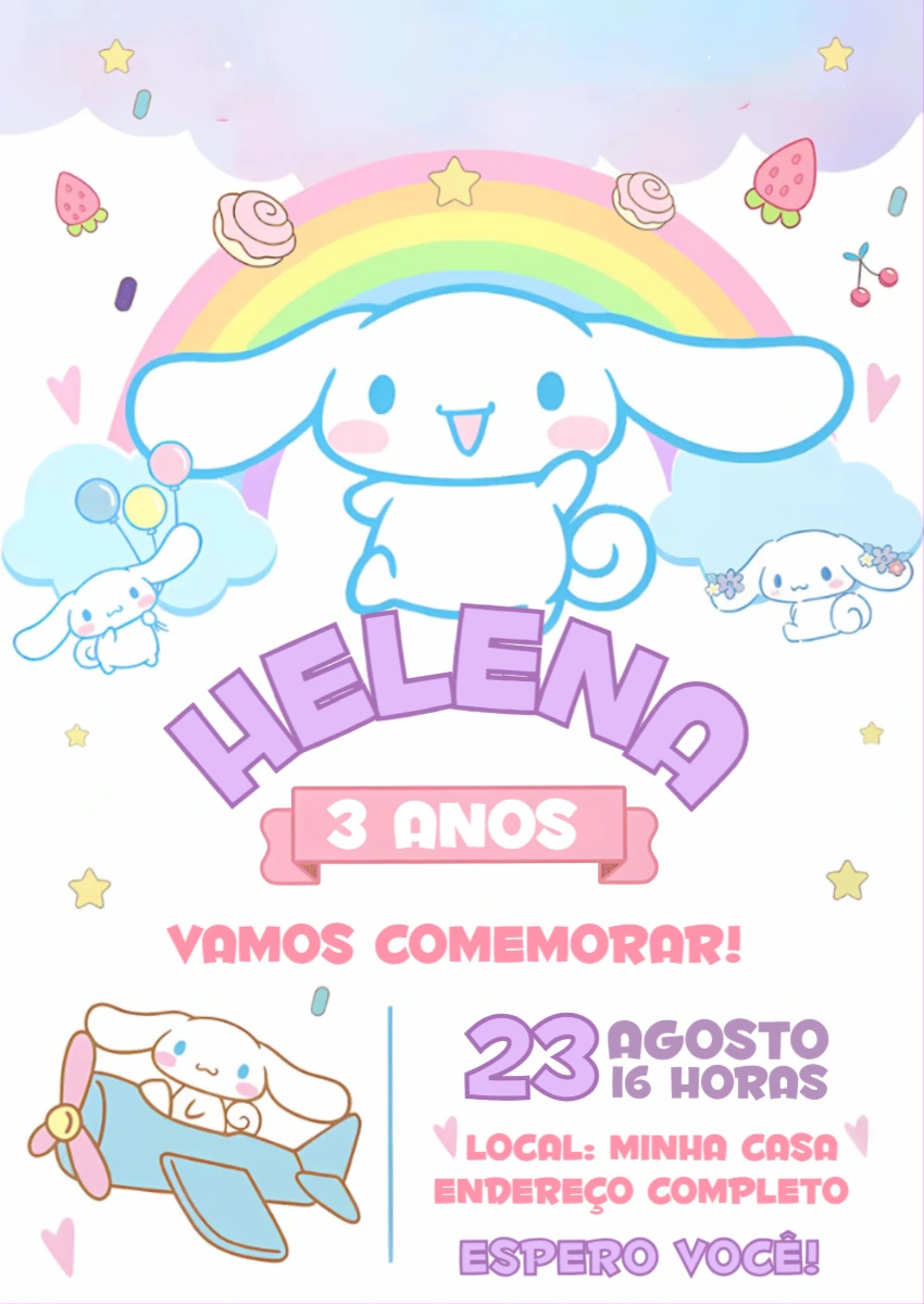 Convite de Aniversário Cinnamoroll Fofo para Editar Online