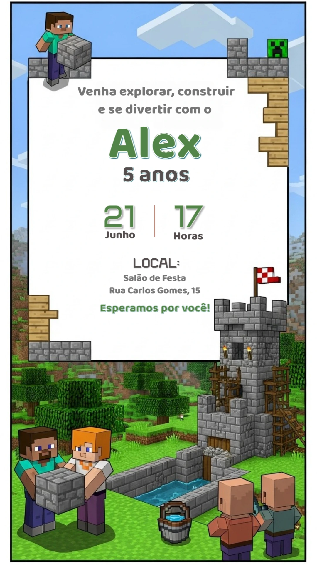 Convite de Aniversário Minecraft com Personagens para Editar