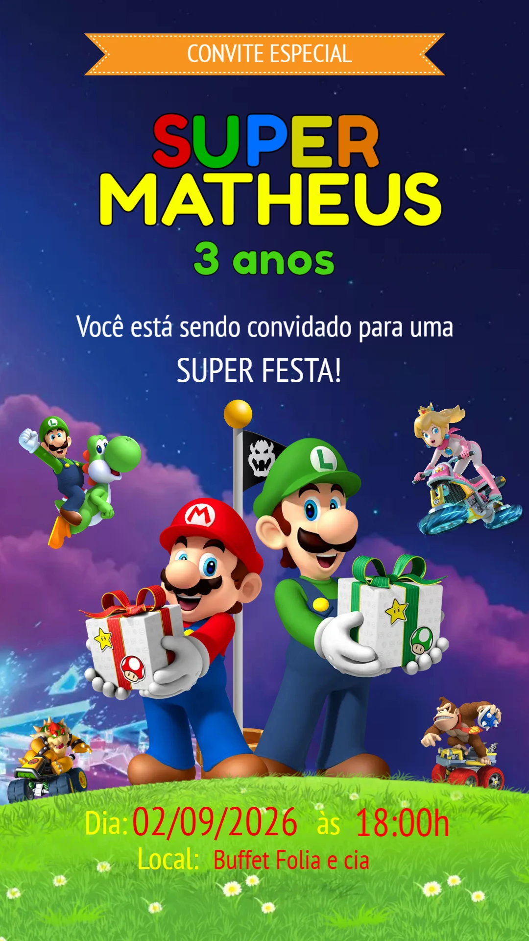 Convite Digital Super Mario para Festa Infantil Editável
