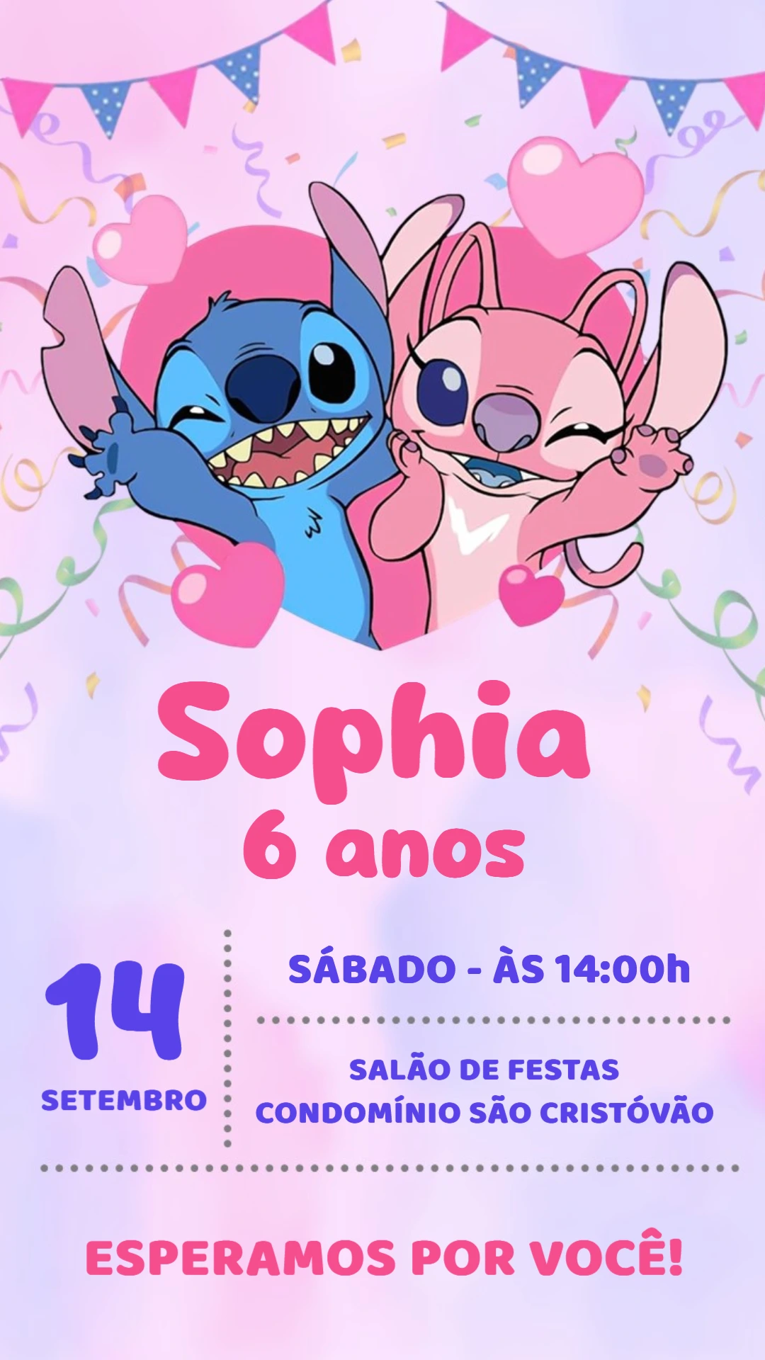 Convite Aniversário Stitch e Angel para Editar Online