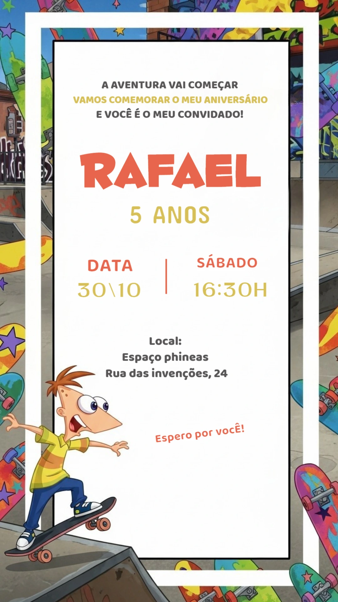 Convite de Aniversário Phineas Skate para Editar Online
