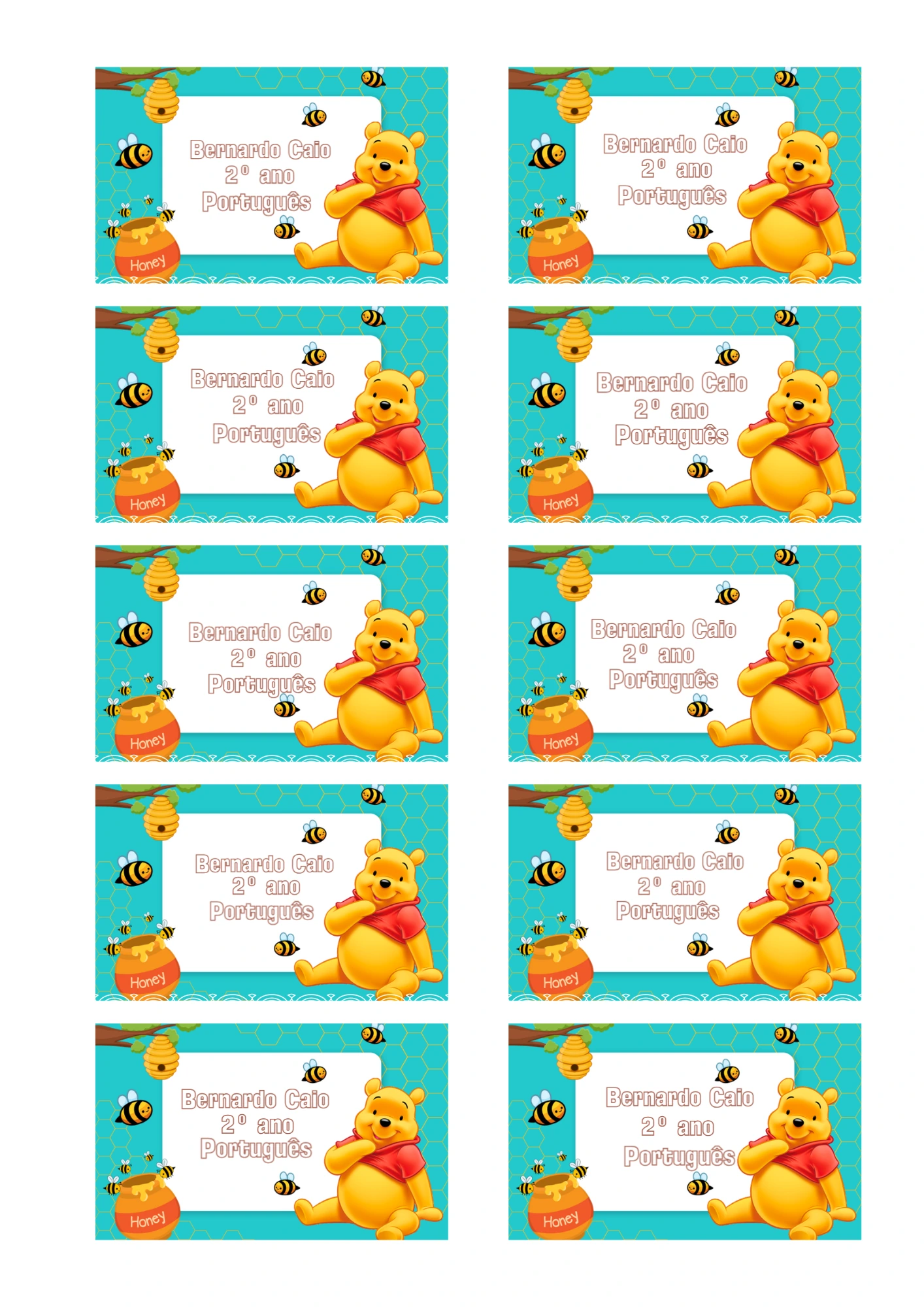 Etiqueta Escolar Ursinho Pooh e Abelhas Modelo Editável