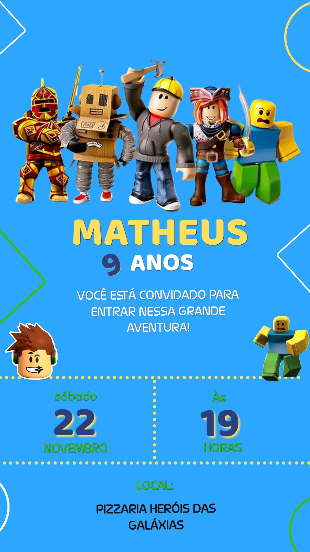Convite de Aniversário Roblox Azul para Editar Online
