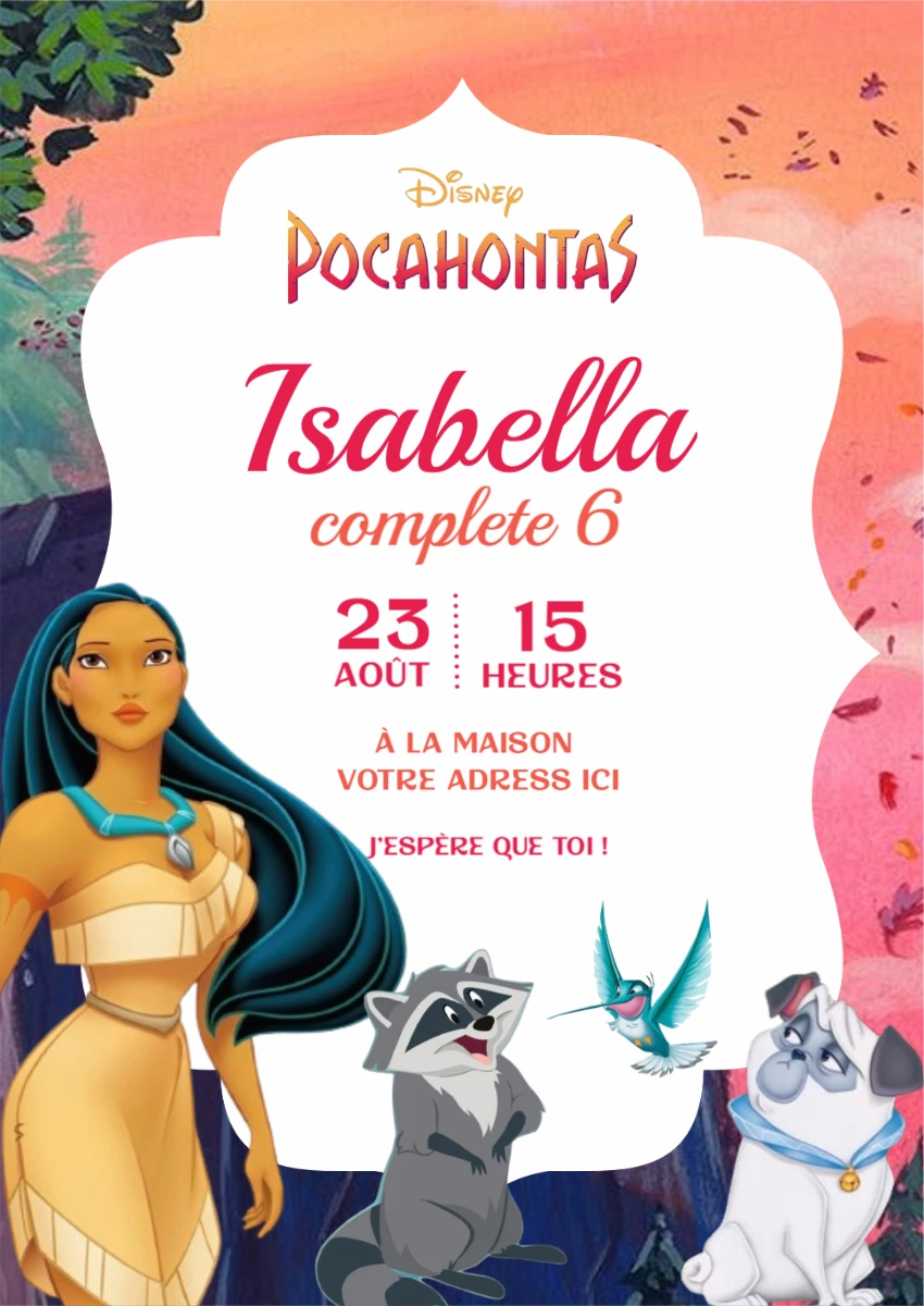 Invitation d'anniversaire Pocahontas Disney | Modèle à personnaliser