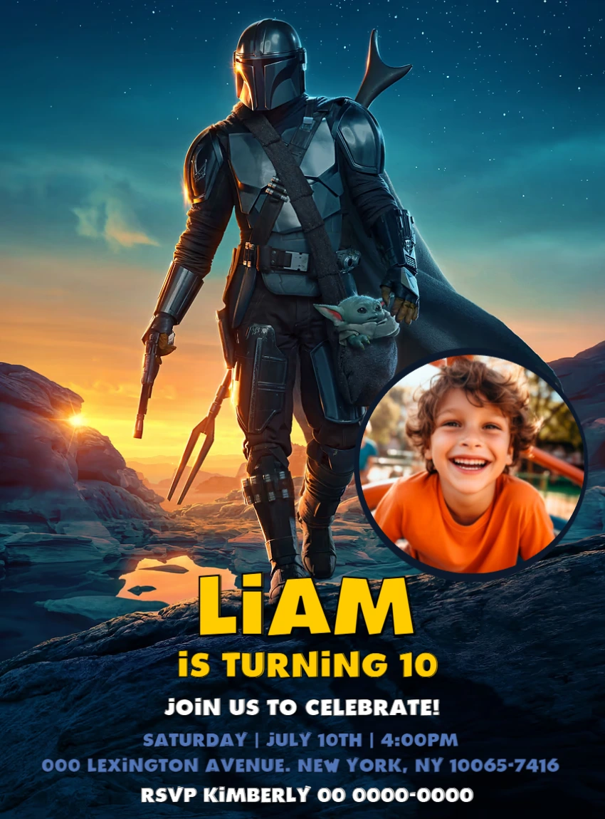 Editable Mandalorian Birthday Invitation Template with photo