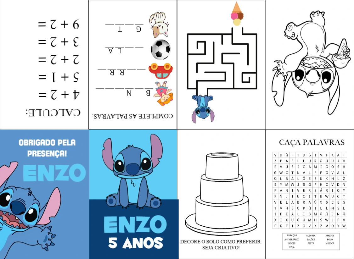 Mini Livro de Atividades Stitch para Aniversário Editável Online