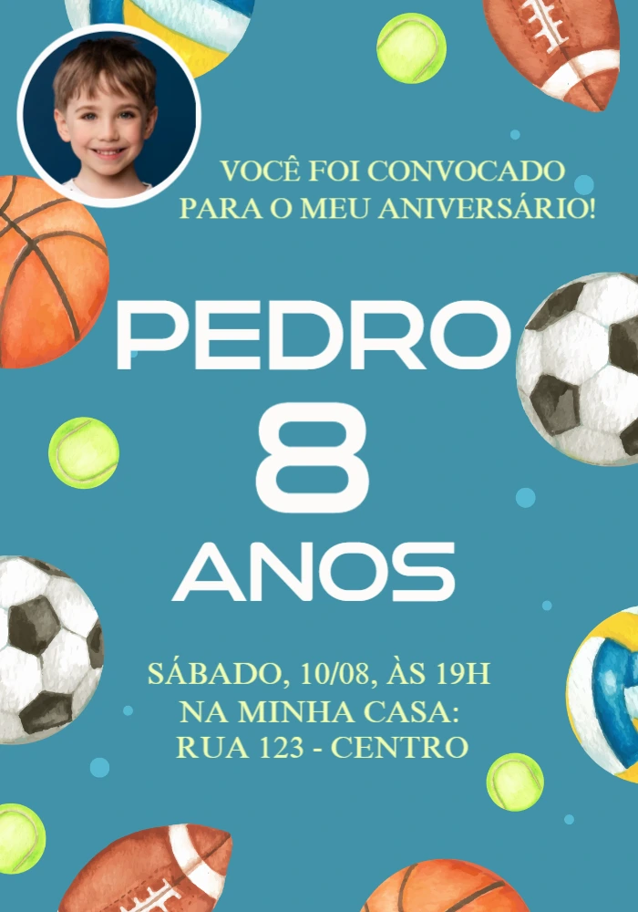 Convite Aniversário Esportes com Foto para Editar Online