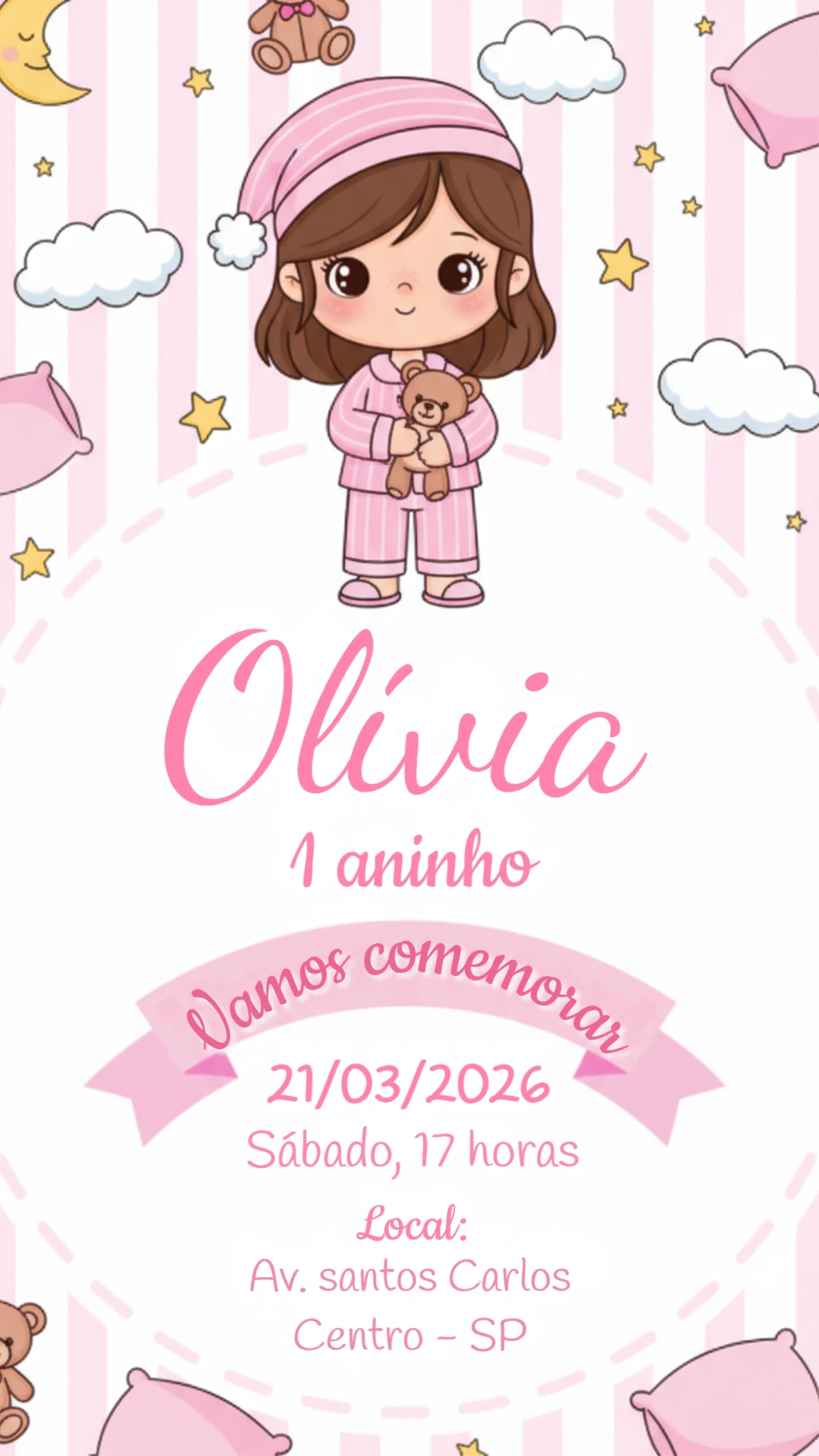 Convite de Aniversário Editável Tema Festa do Pijama Rosa
