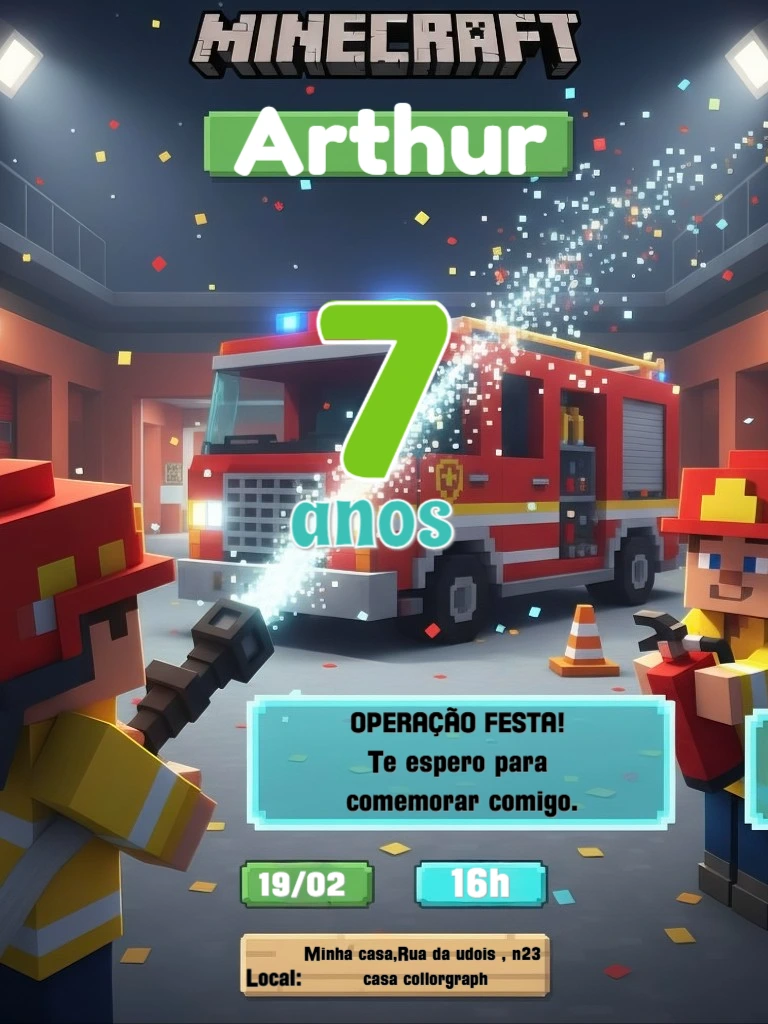 Convite de Aniversário Minecraft Bombeiro para Editar Online