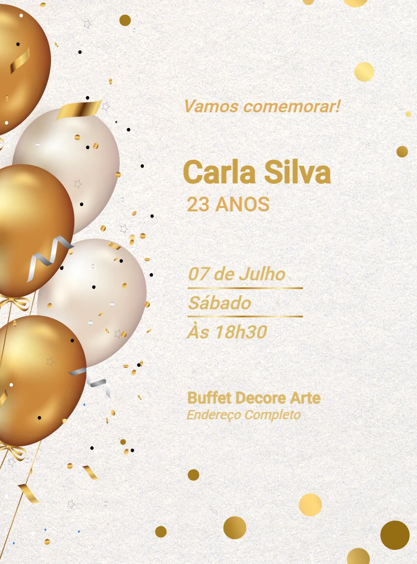Convite de Aniversário Balões Dourados Editável Online
