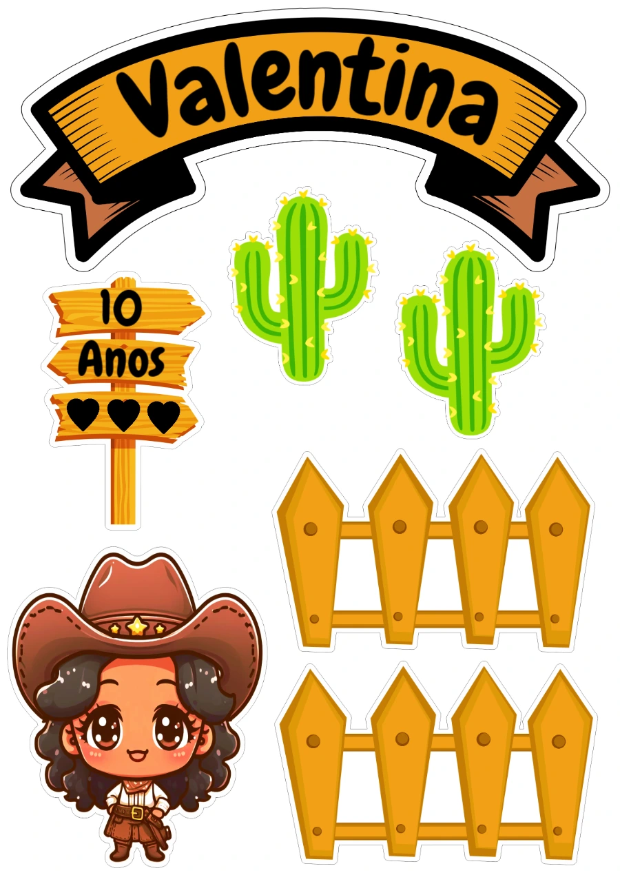 Topo de Bolo Aniversário Cowgirl para Editar e Imprimir