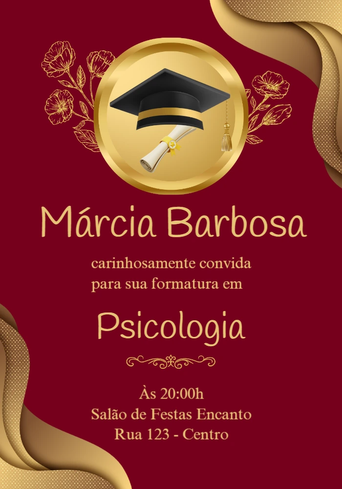 Convite de Formatura Vermelho e Dourado para Editar Online