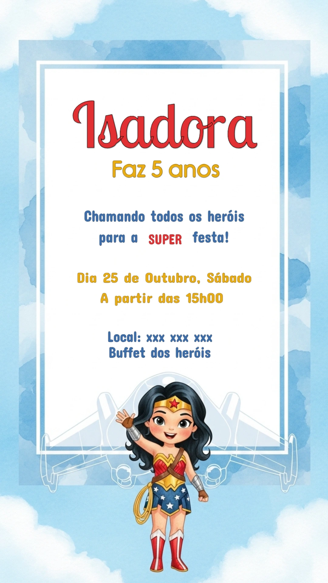 Convite de Aniversário Mulher Maravilha para Editar Online