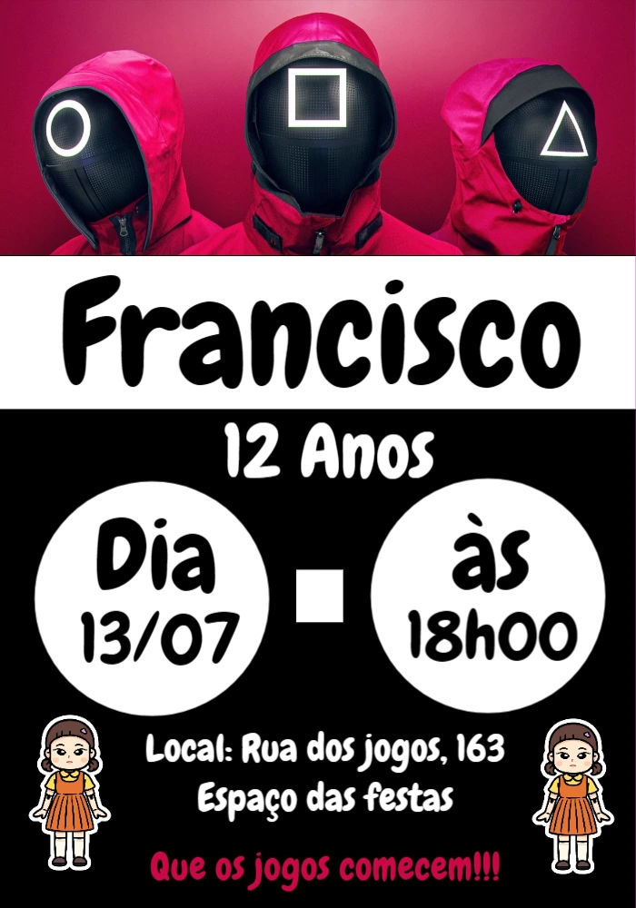 Convite Aniversário Round 6 com Personagens para Editar Online