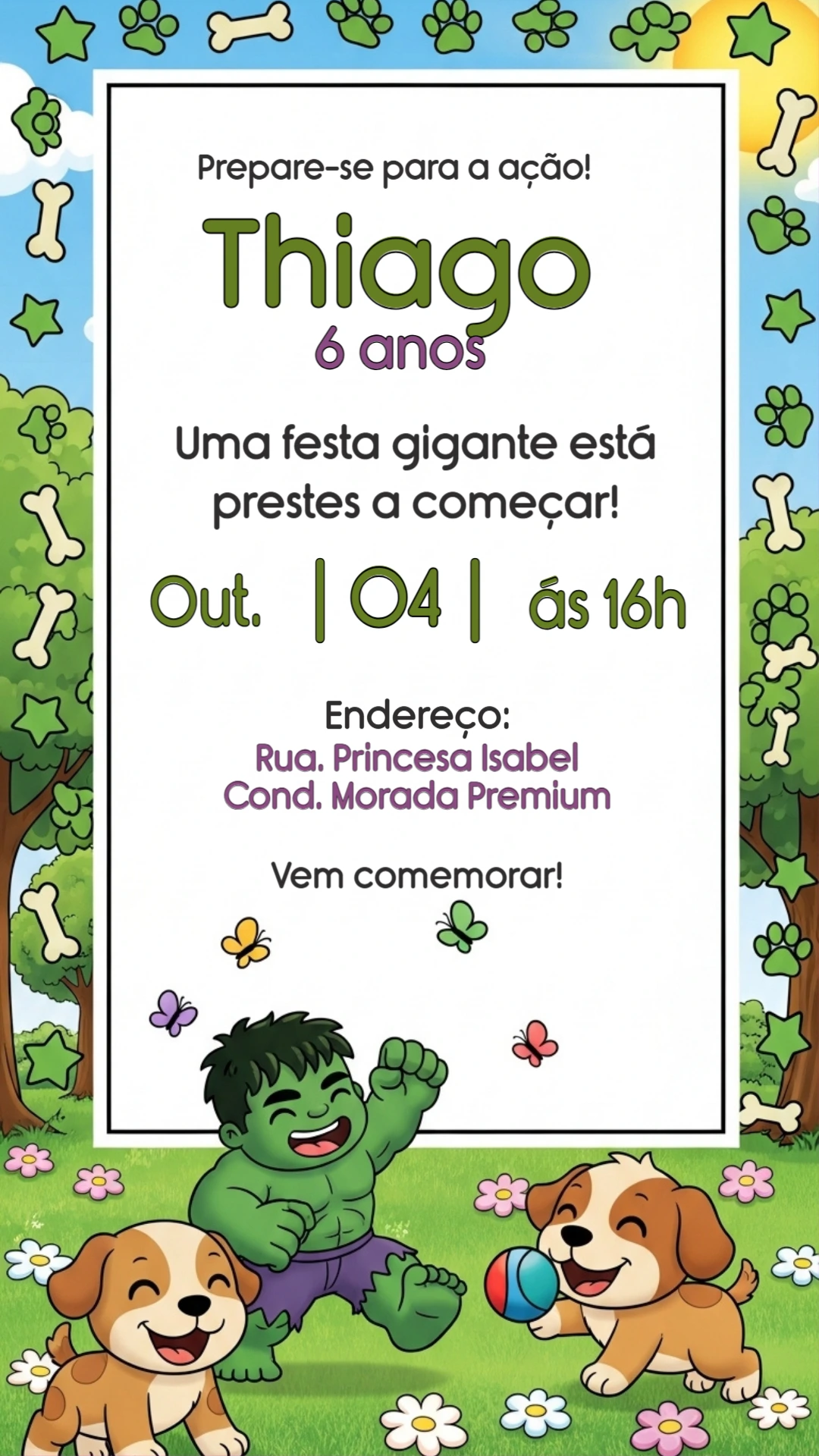 Convite de Aniversário Incrível Hulk com Pets para Editar